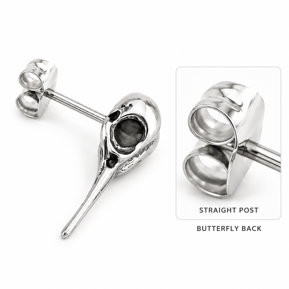 Carrion Bird Skull Ear Stud attachment and construction details