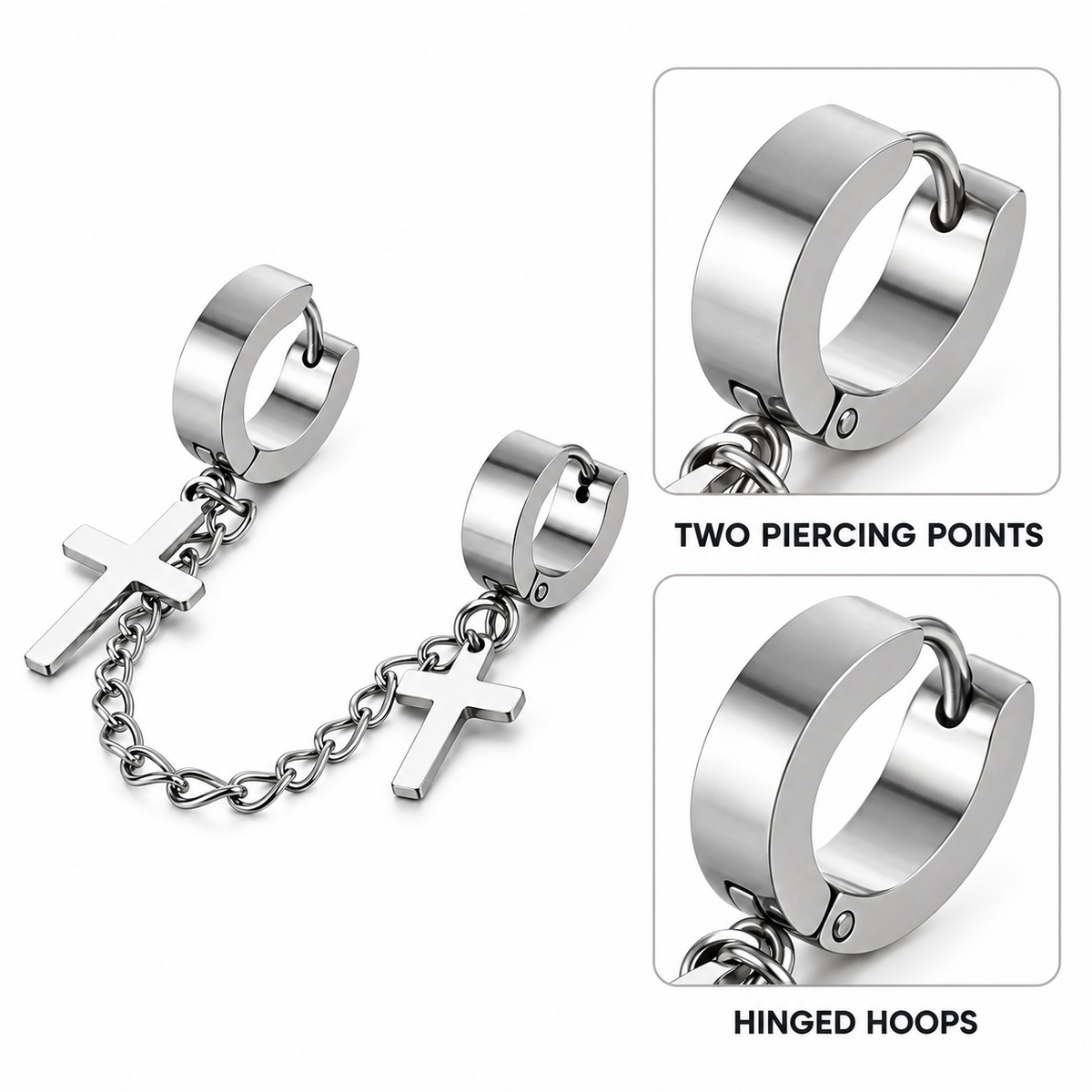 Linked Cross Double Hoop Earring attachment and construction details