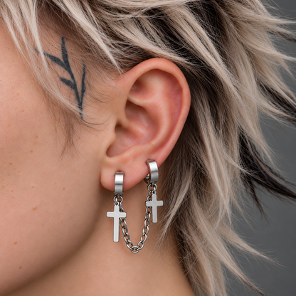 Linked Cross Double Hoop Earring worn on the ear