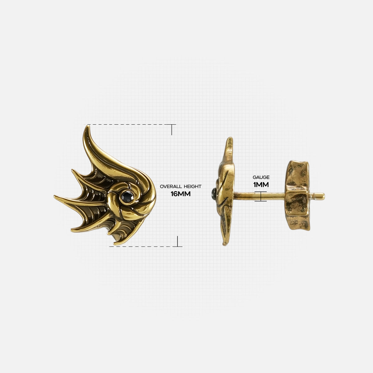 Size guide image for the gold Abyss Conch Ear Studs, showing the conch stud size, post length, and flat back design.