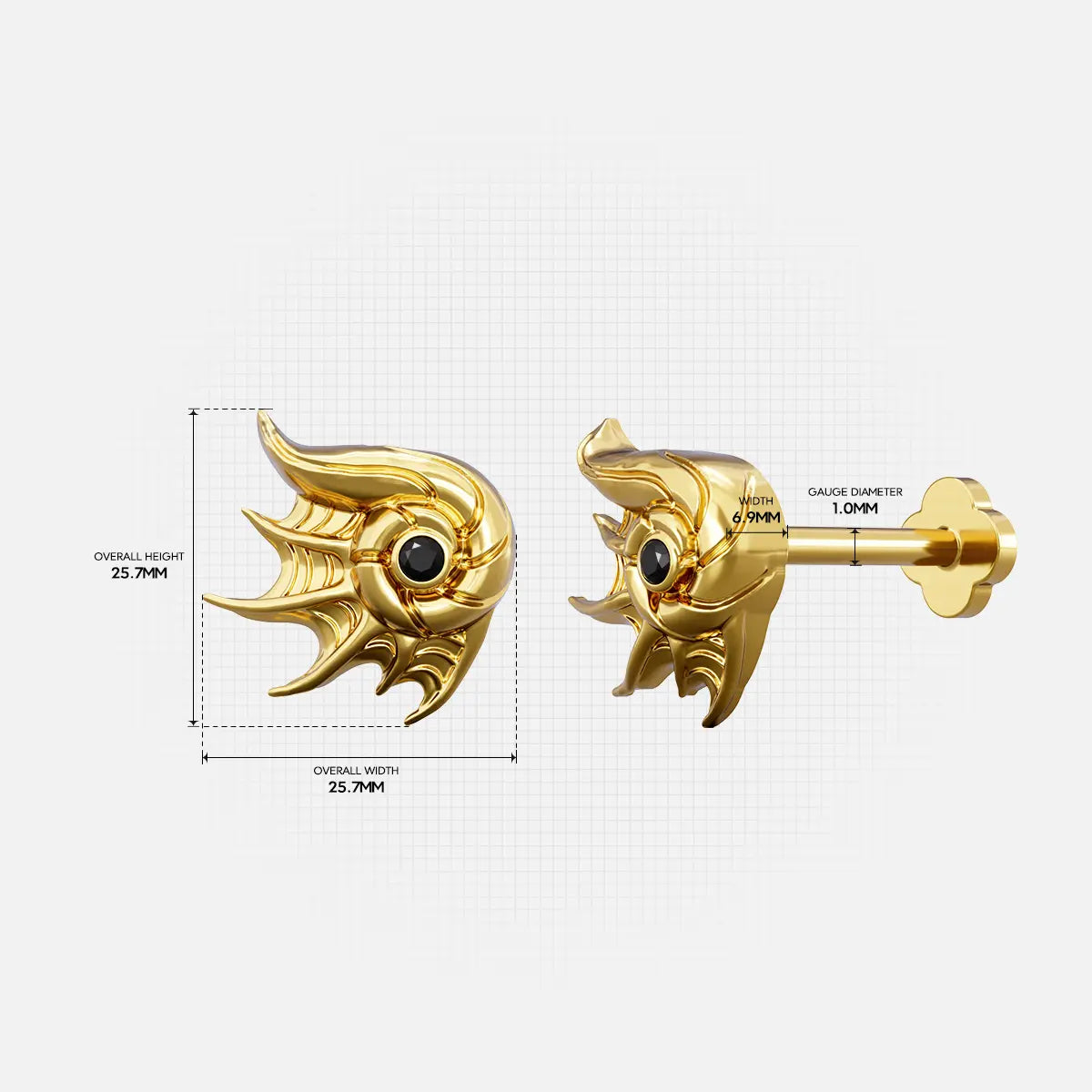 Abyss conch flat back stud piercing measurement chart and size guide dimensions
