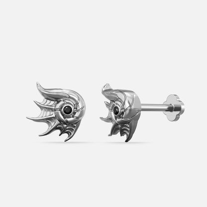 Abyss conch flat back stud in natural polished titanium with black zircon, front and side view