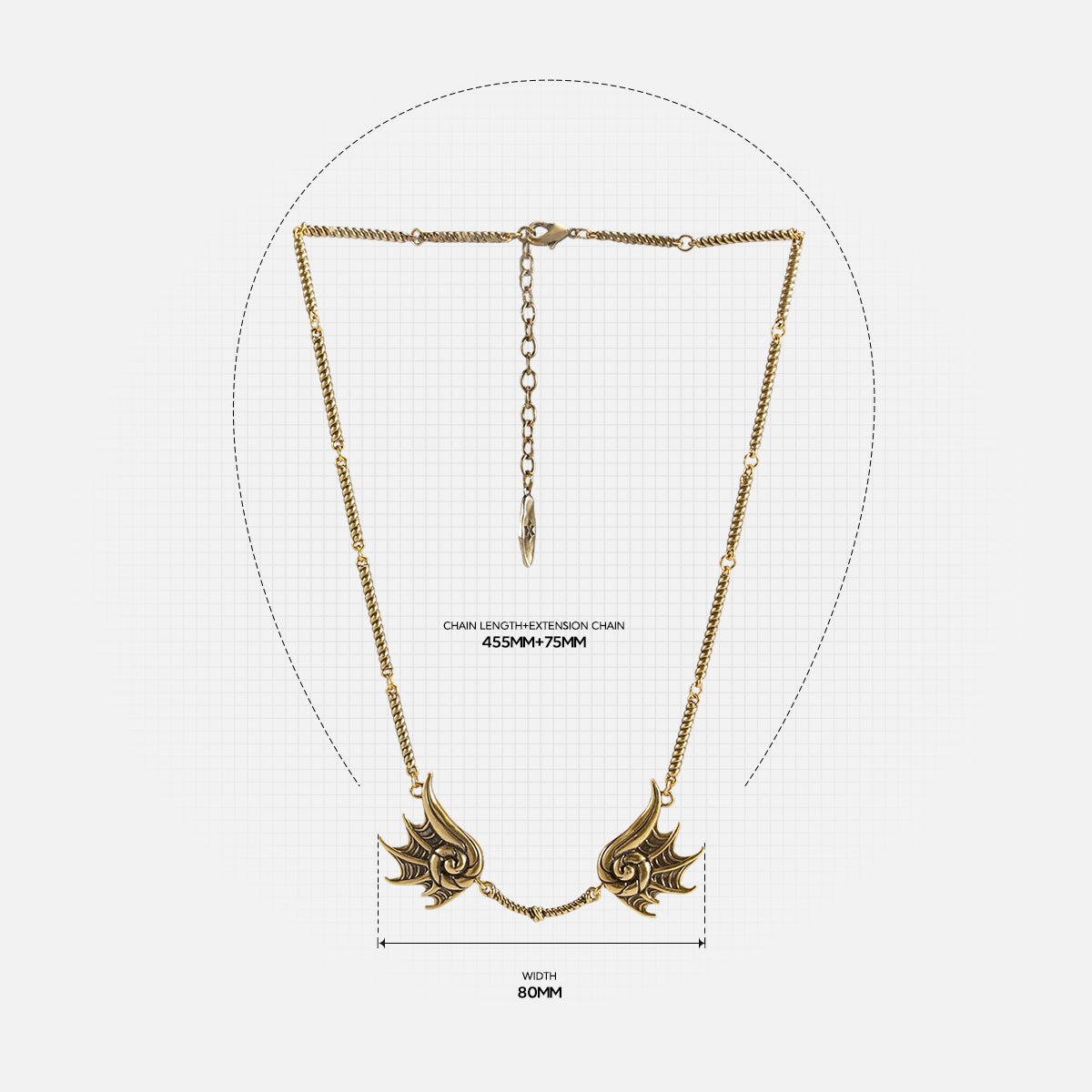 Size guide image for the gold Abyssal Bind Necklace, showing the necklace length, chain drop, and twin shell-like centerpiece measurements.