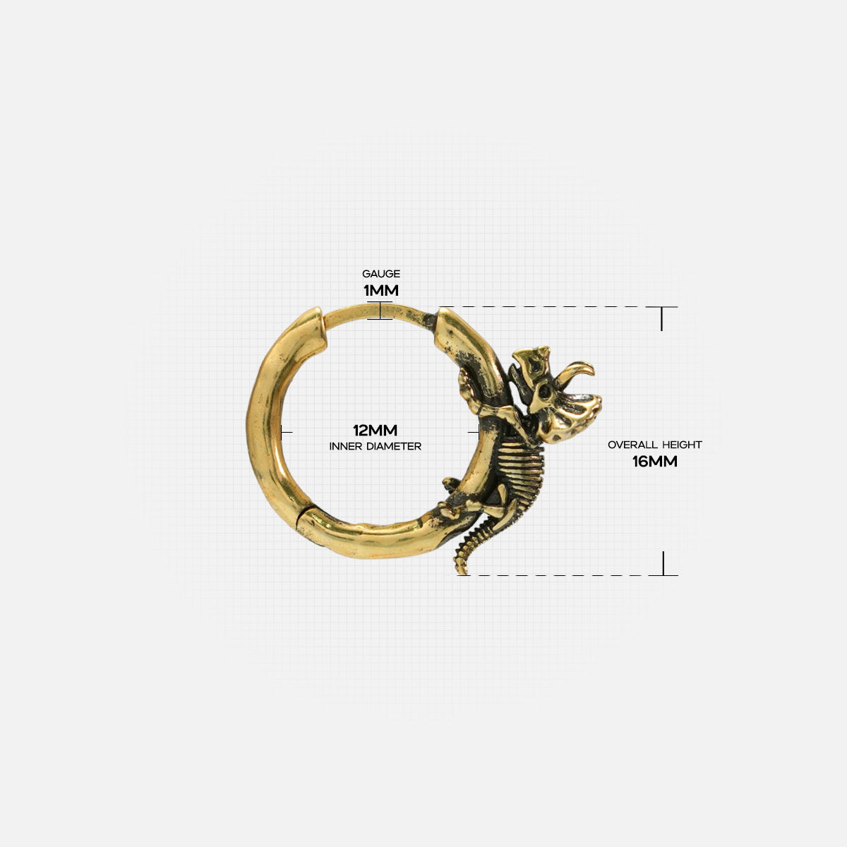 Gold Adaptive Evolution hoop earring with small skeletal creature and dimensions