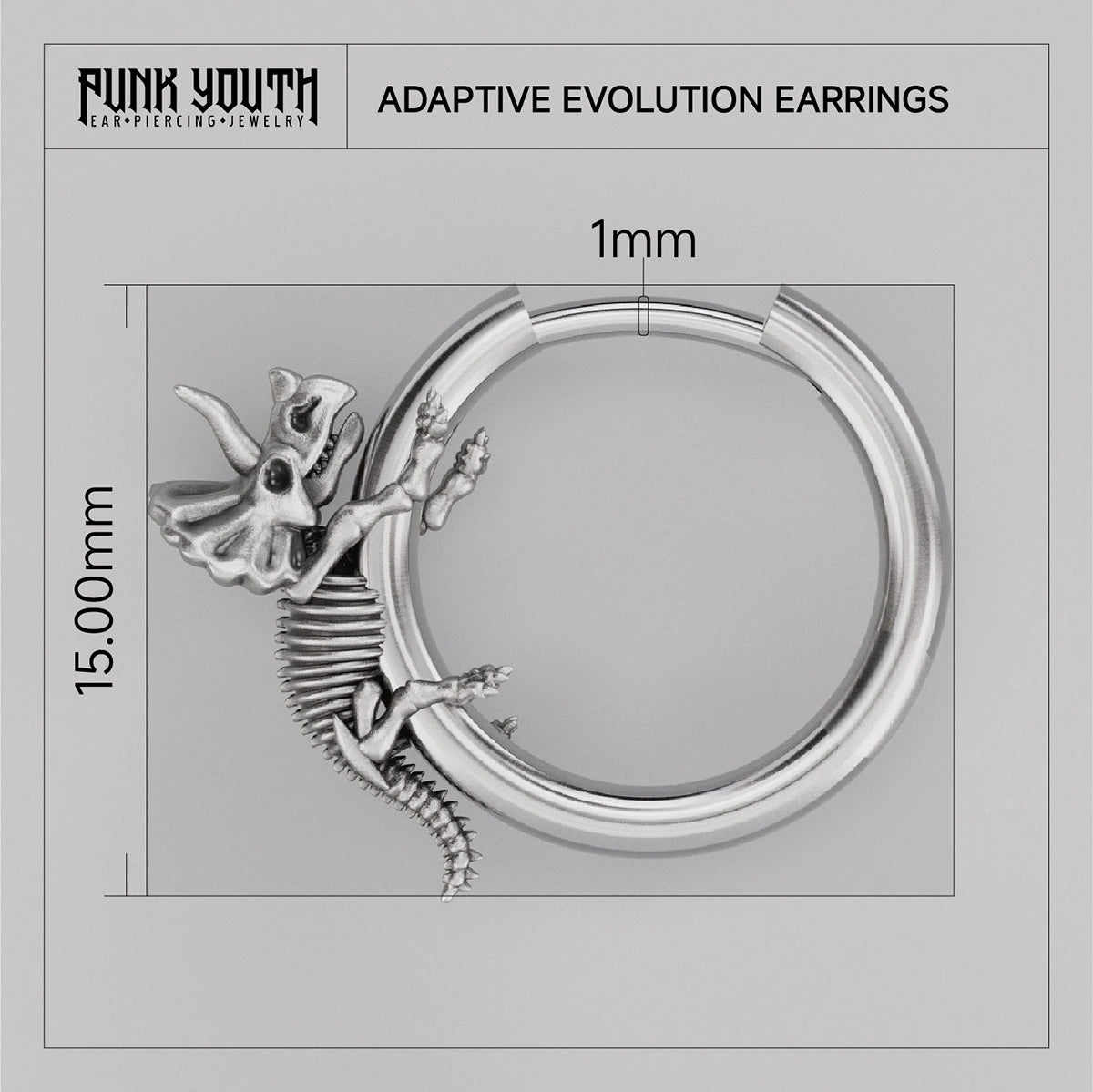 Silver Adaptive Evolution hoop earring with small creature detail and dimensions
