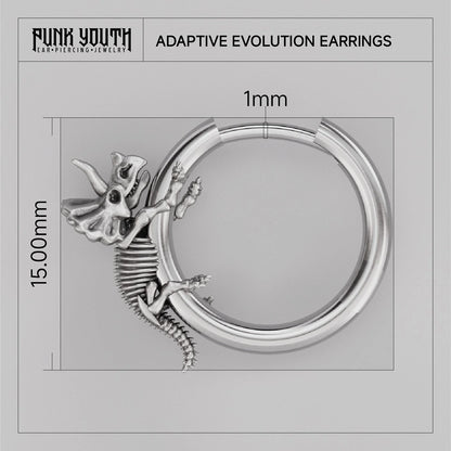 Silver Adaptive Evolution hoop earring with small creature detail and dimensions