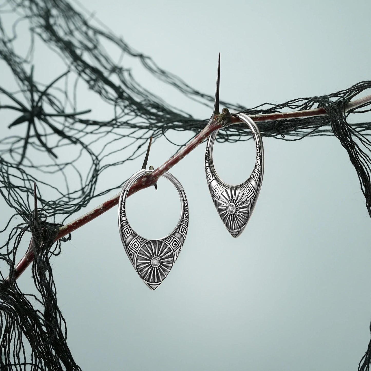 Pair of silver Ancient Sun hoop earrings hanging from a dark branch