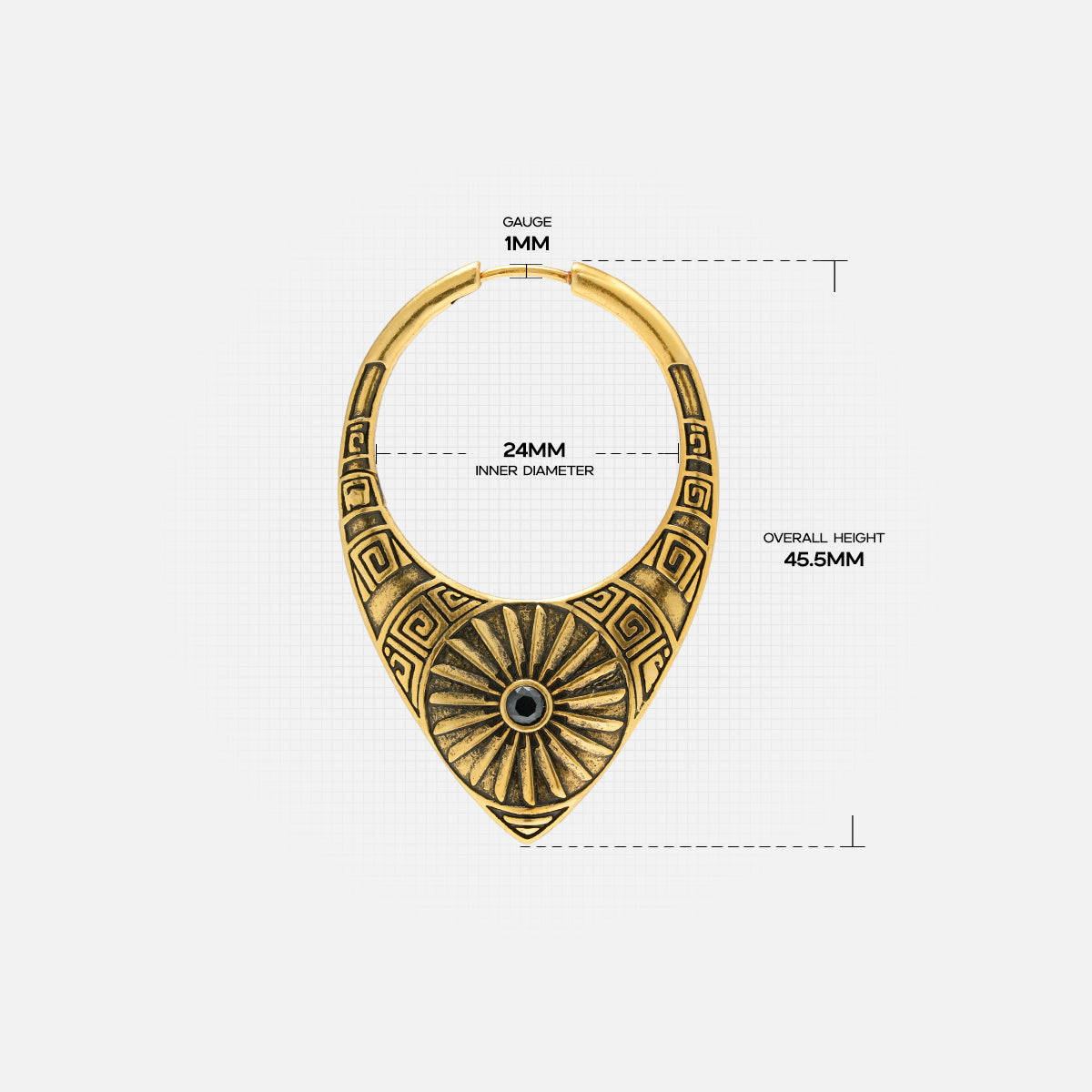 Gold Ancient Sun hoop earring with engraved fan pendant and dimensions