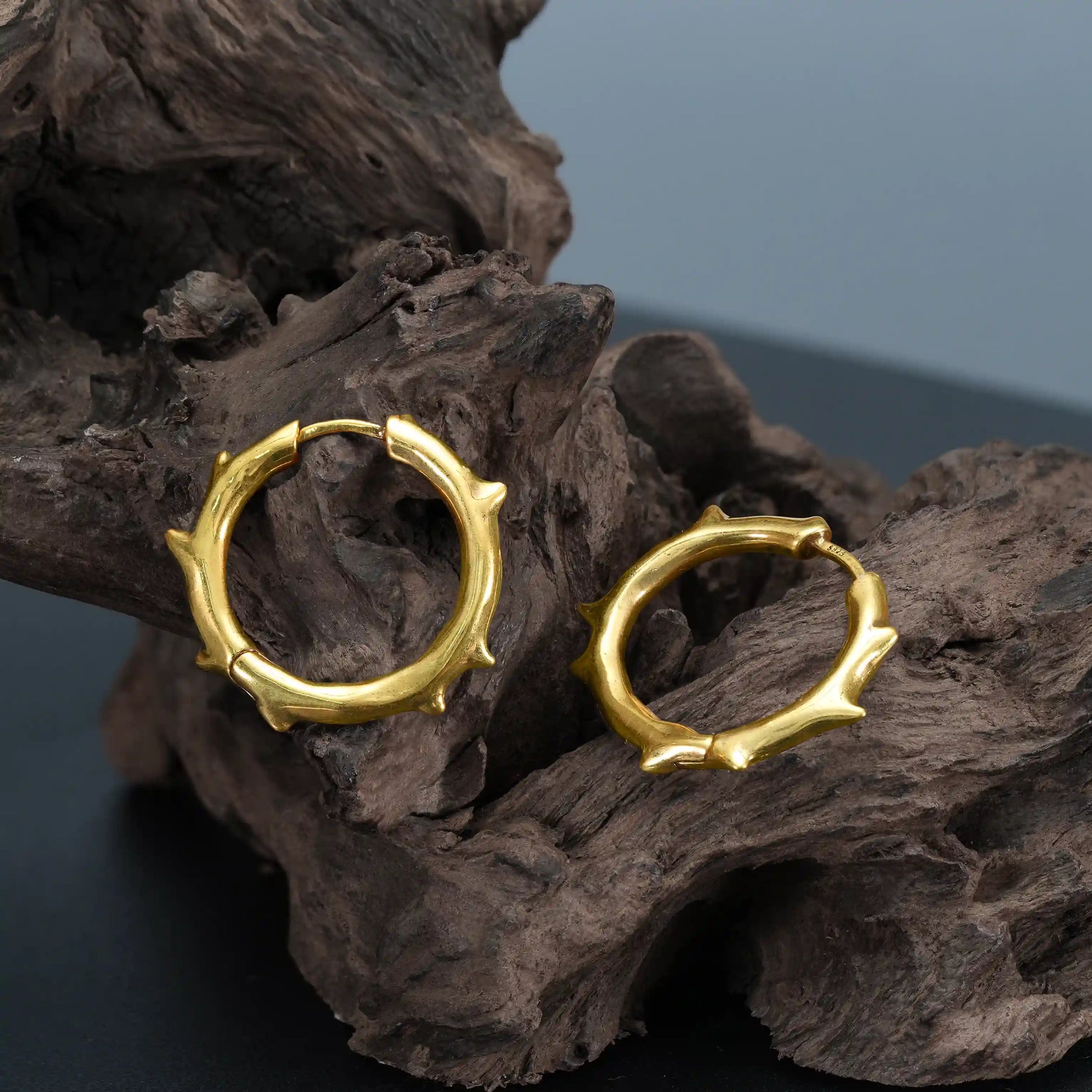 Gold Ancient Thorn Hoops displayed on weathered wood with thorny bramble design