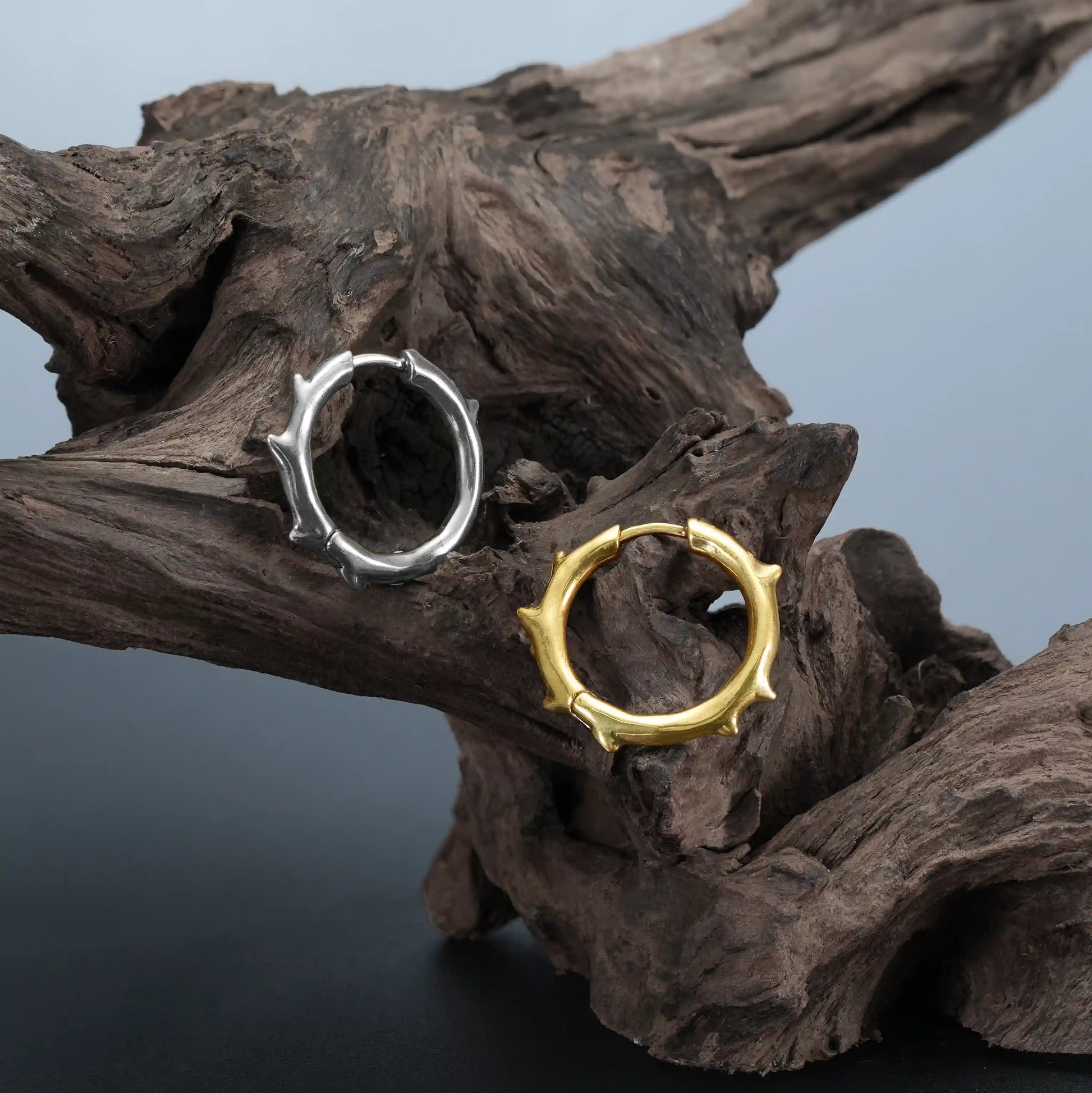 Ancient Thorn Hoops in gold and silver displayed on driftwood with dark woodland styling