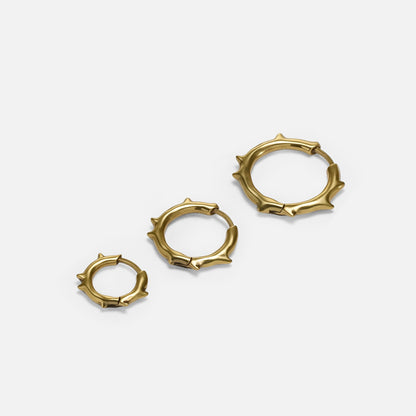 Ancient Thorn Hoops in gold-tone brass shown in multiple sizes with antiqued thorn hoop design
