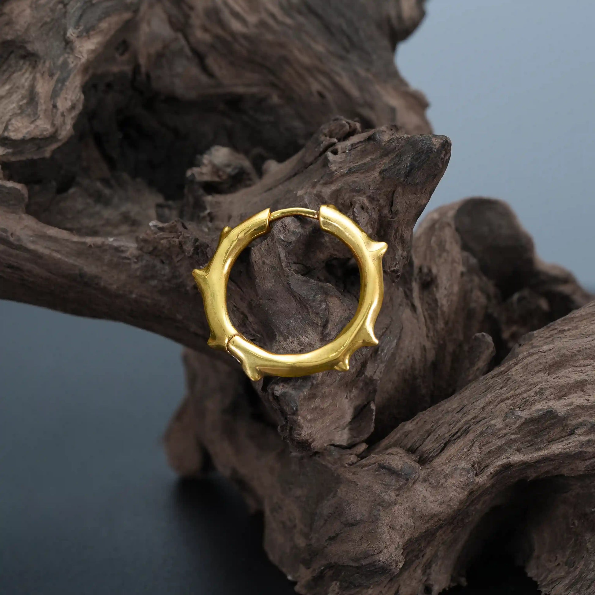 Close-up of gold Ancient Thorn Hoops on driftwood with ancient thorn-inspired silhouette