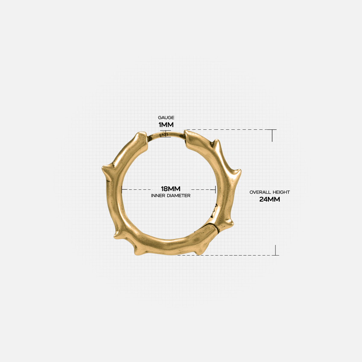 Ancient Thorn Hoops size guide showing hoop diameter and thorn detail proportions