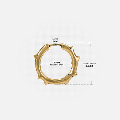 Ancient Thorn Hoops size guide showing hoop diameter and thorn detail proportions