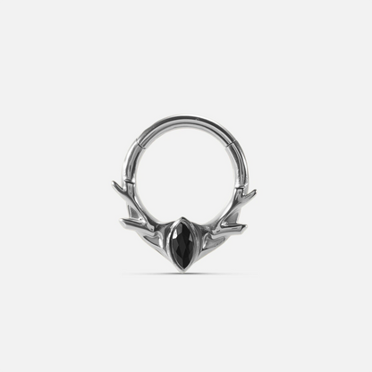Silver Antler Mark Clicker with black obsidian stone and reduced antler form