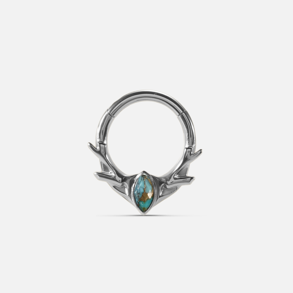 Antler Mark Clicker in polished titanium with turquoise marquise stone and sculpted antler design
