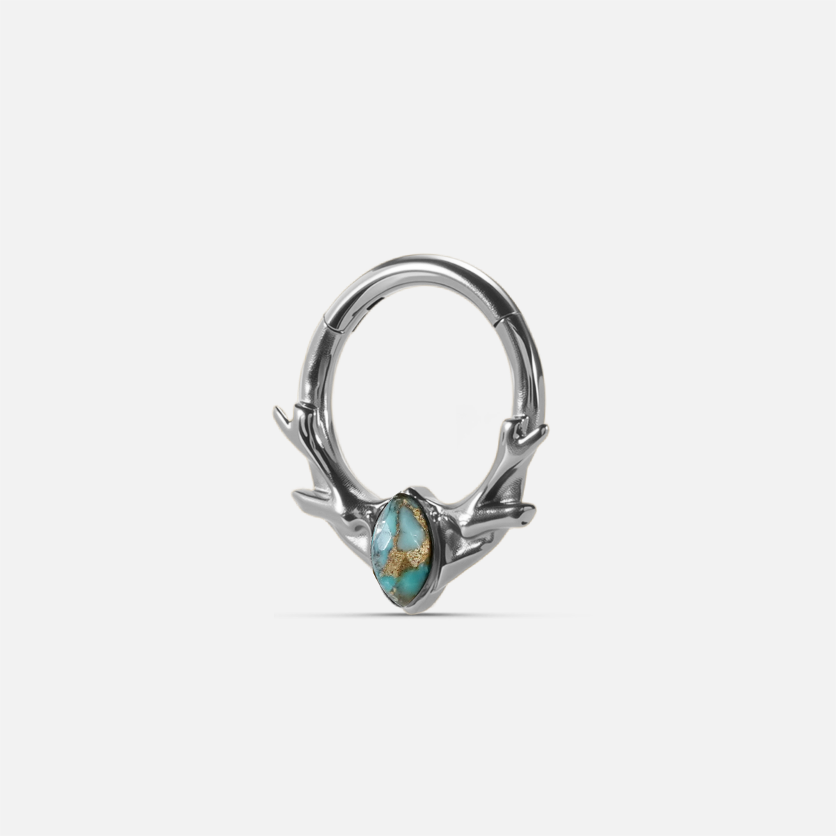 Silver Antler Mark Clicker with turquoise marquise stone and polished titanium finish