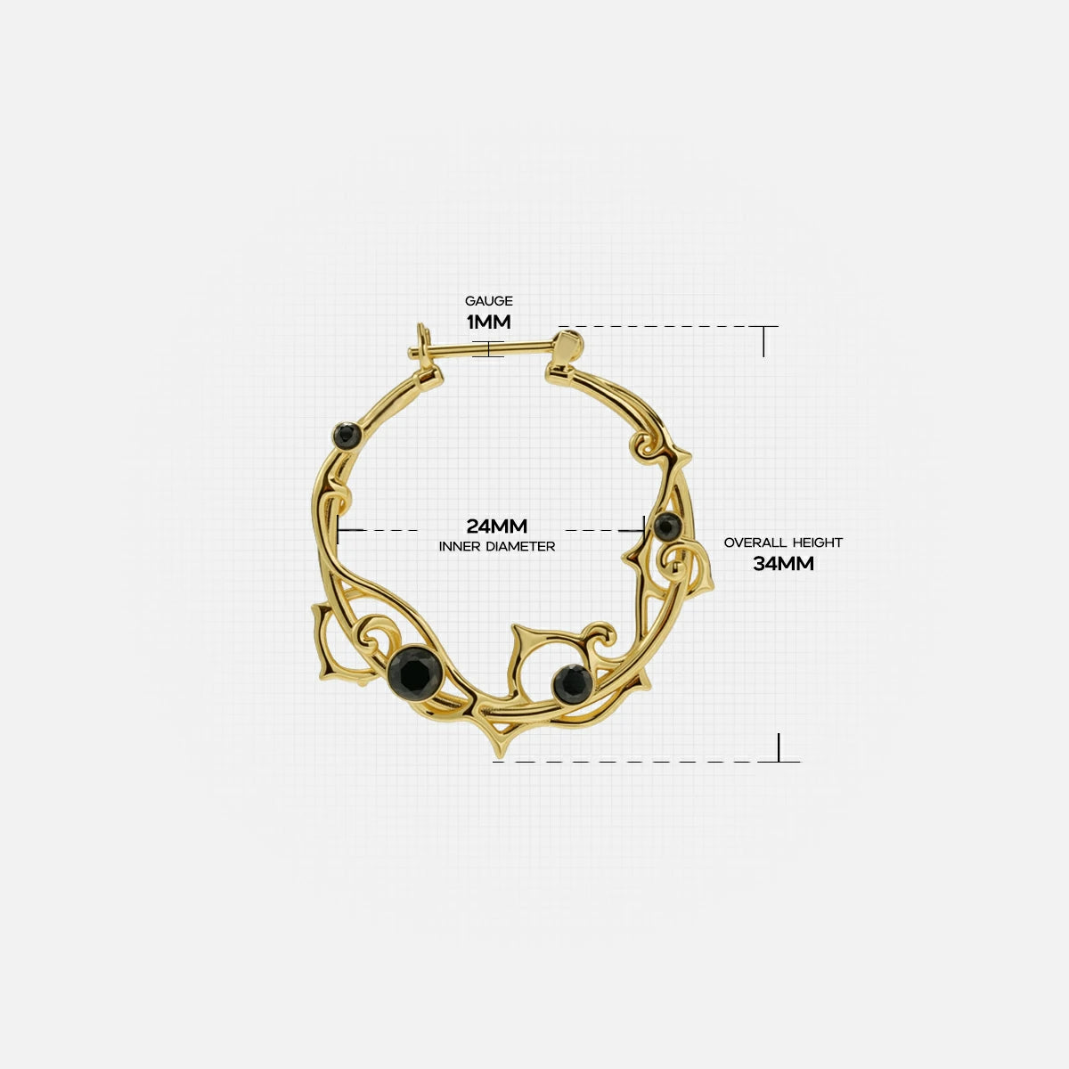 Gold Arcane Vine hoop earring with black accents and measurement details