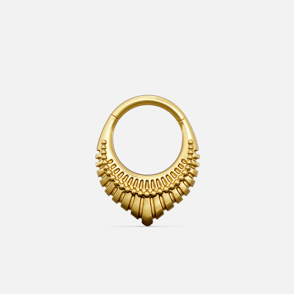 Gold-tone Artisan Inspired Clicker with a rounded ring and layered fan-shaped decorative accents.