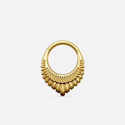 Gold-tone Artisan Inspired Clicker with a rounded ring and layered fan-shaped decorative accents.