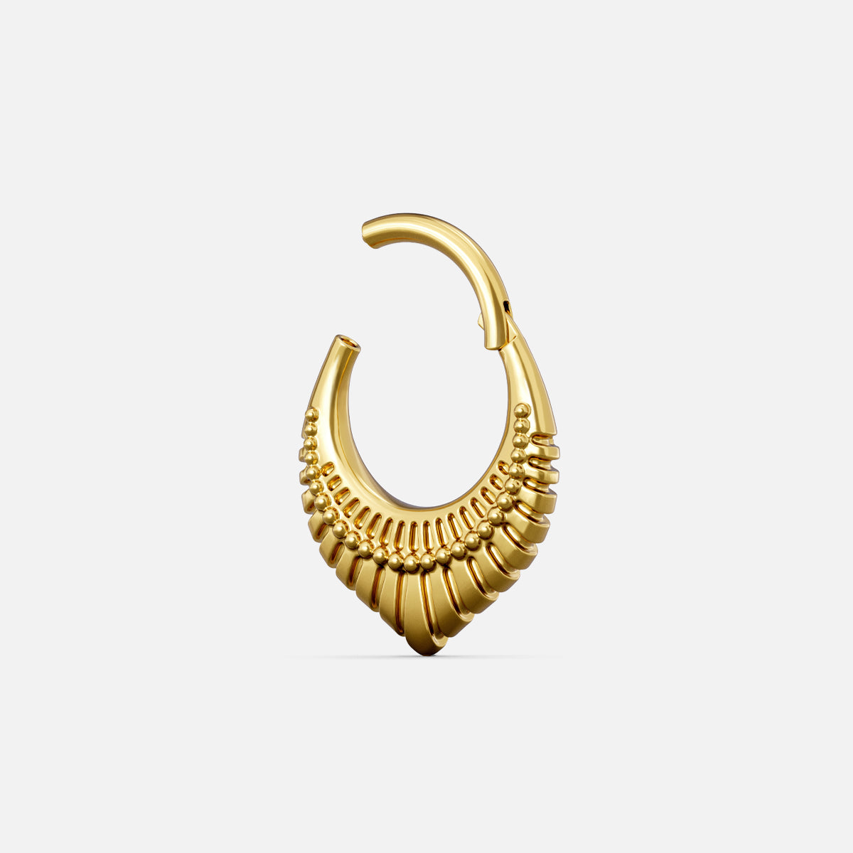 Gold-tone Artisan Inspired Clicker shown open to display the hinged closure and layered lower detailing.