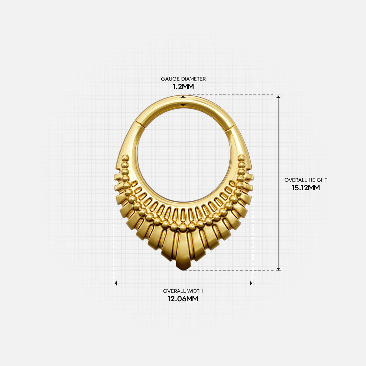 Size guide for the gold-tone Artisan Inspired Clicker showing the inner diameter and overall dimensions.