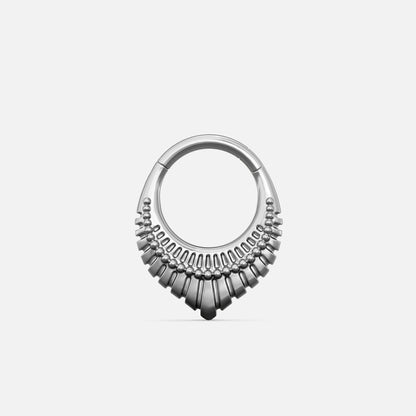 Silver-tone Artisan Inspired Clicker with layered fan-shaped accents and raised bead details along the lower edge.