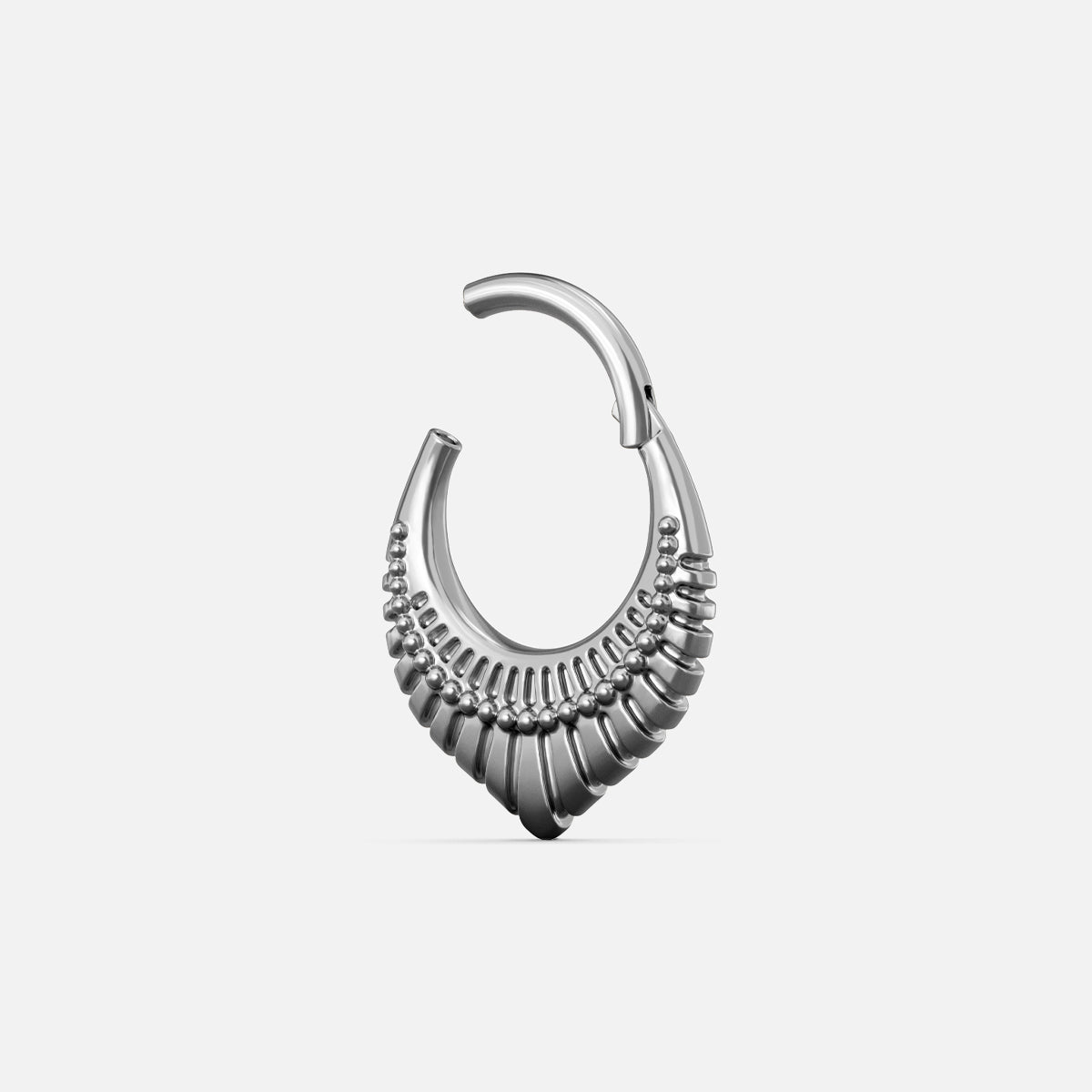 Silver-tone Artisan Inspired Clicker shown open with a hinged closure and raised beadwork details.