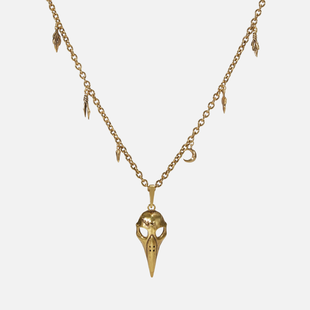 Augur Skull Necklace in 18K gold plating with bird skull pendant and antiqued charm chain
