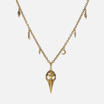 Augur Skull Necklace in 18K gold plating with bird skull pendant and antiqued charm chain