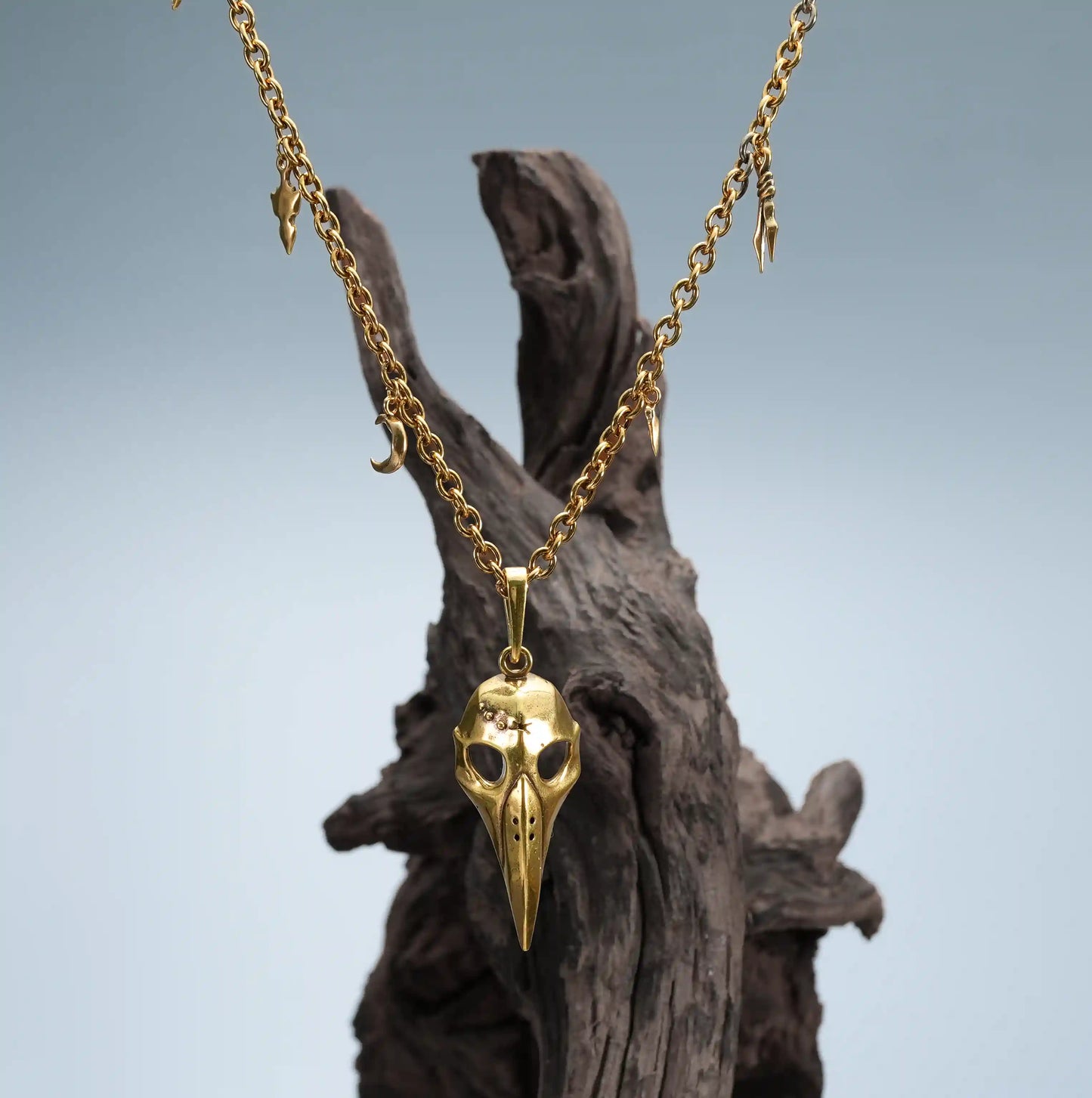 Gold Augur Skull Necklace displayed on driftwood with antiqued skull pendant and forest relic mood