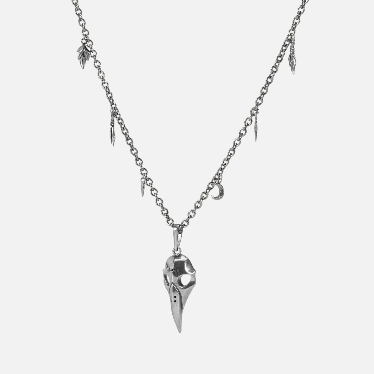Silver Augur Skull Necklace with antiqued bird skull pendant and charm chain