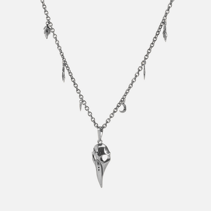 Silver Augur Skull Necklace with antiqued bird skull pendant and charm chain