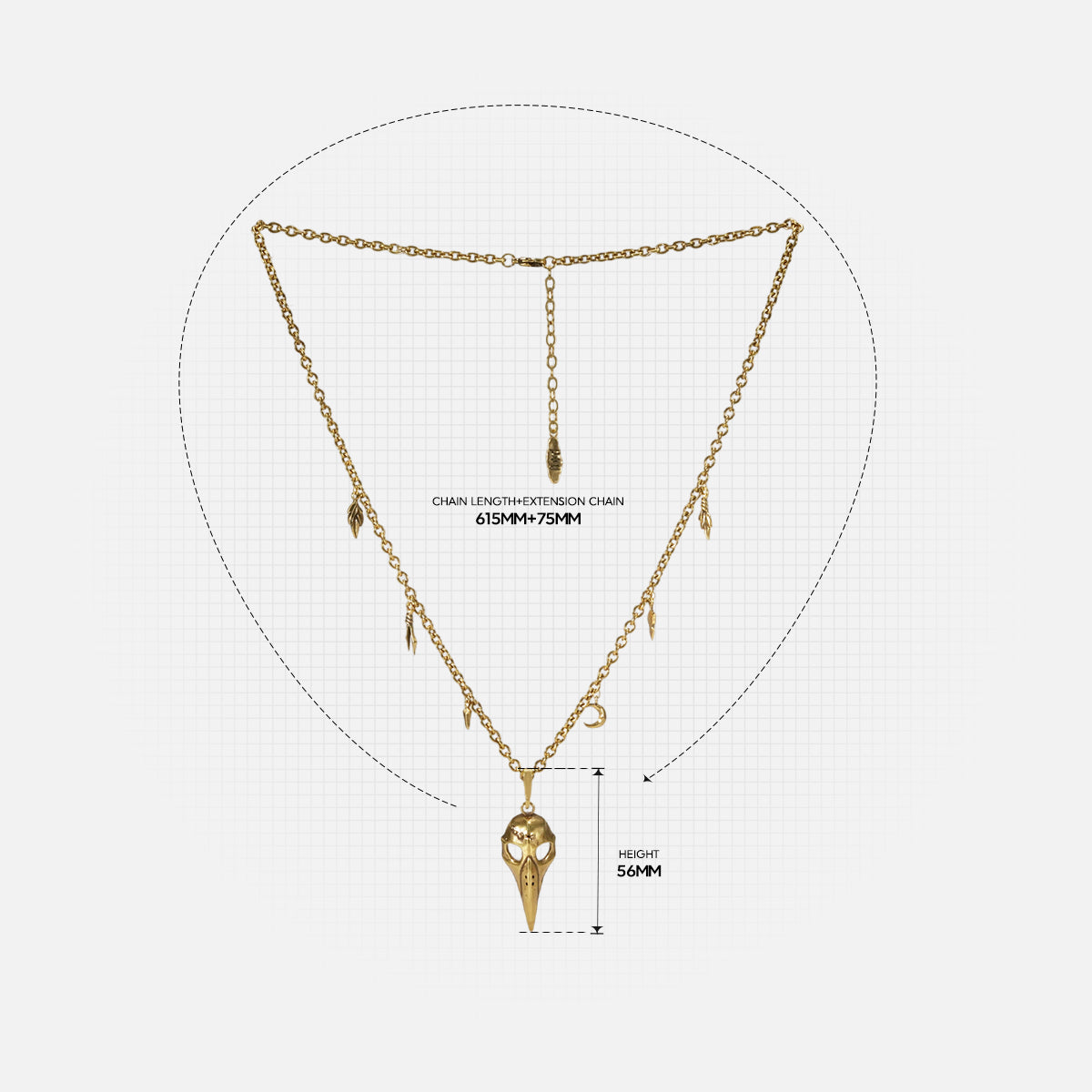 Augur Skull Necklace size guide showing chain length and bird skull pendant proportions