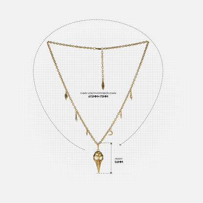 Augur Skull Necklace size guide showing chain length and bird skull pendant proportions