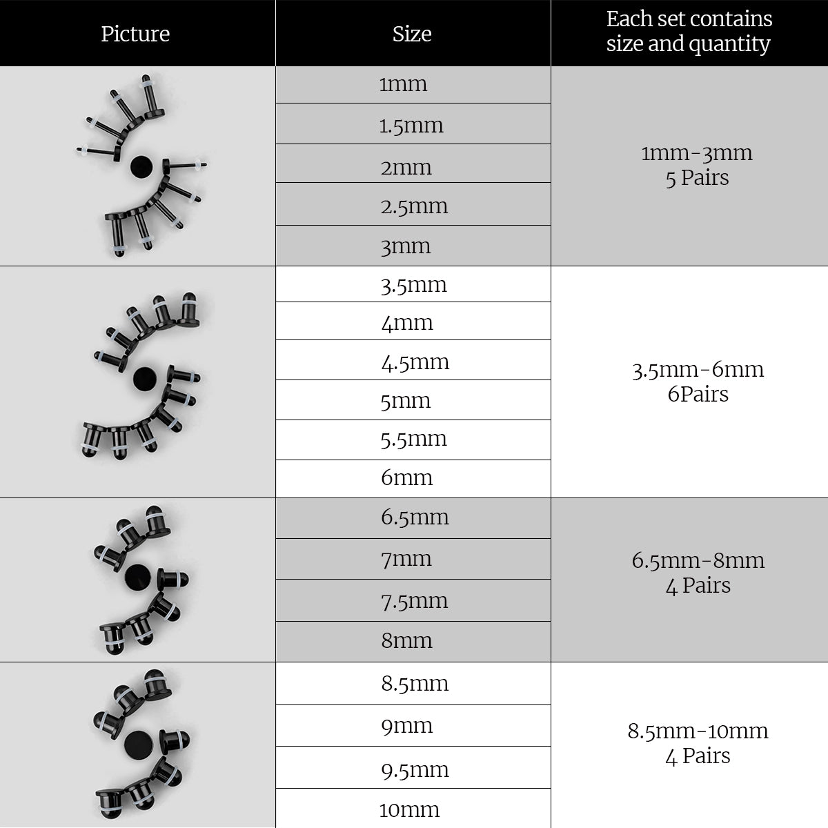 Size chart showing black stretching plugs grouped from 1mm to 10mm with pairs per set