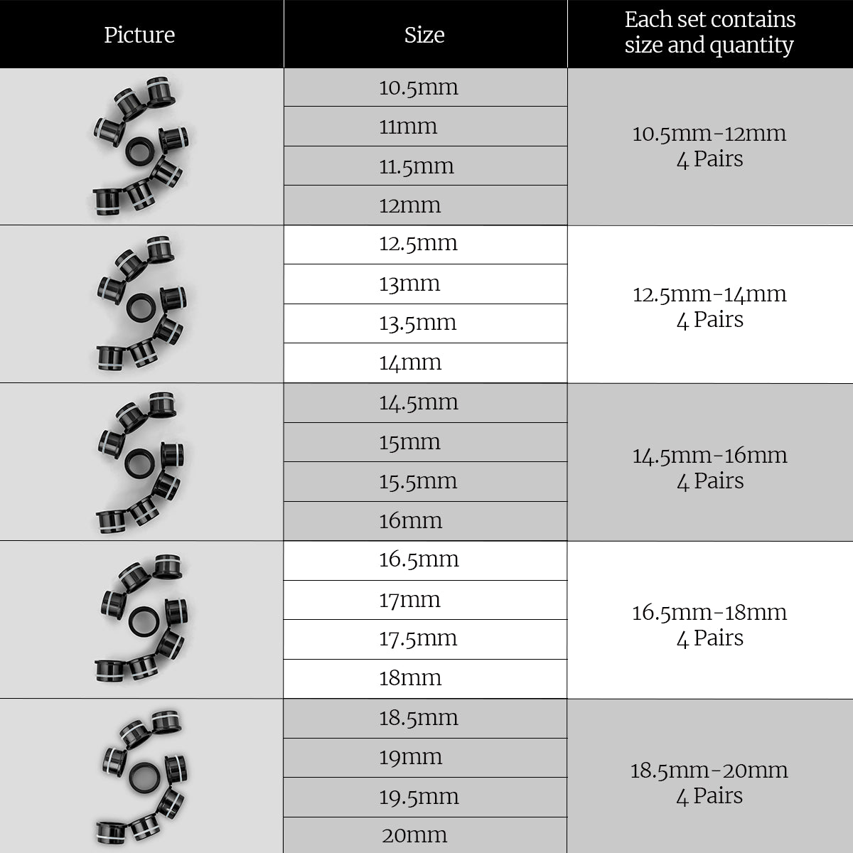 Aurora ear stretching kit size chart listing paired black plugs from 10.5 mm through 20 mm