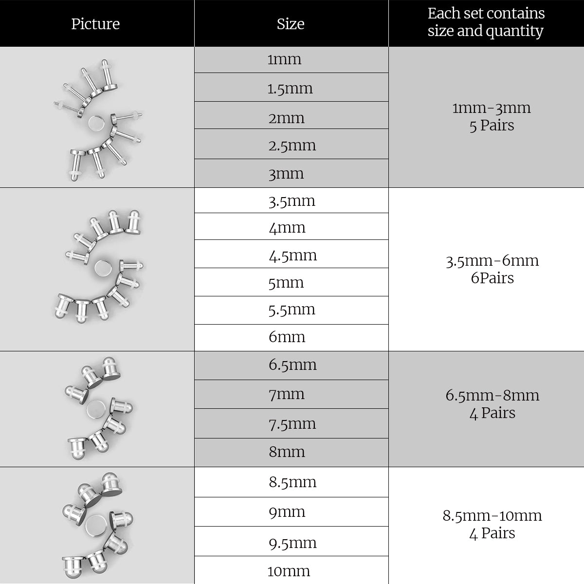 Size chart showing silver-tone stretching plugs grouped from 1mm to 10mm with pairs per set
