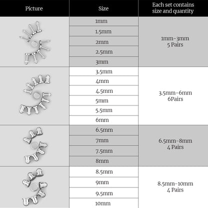 Size chart showing silver-tone stretching plugs grouped from 1mm to 10mm with pairs per set