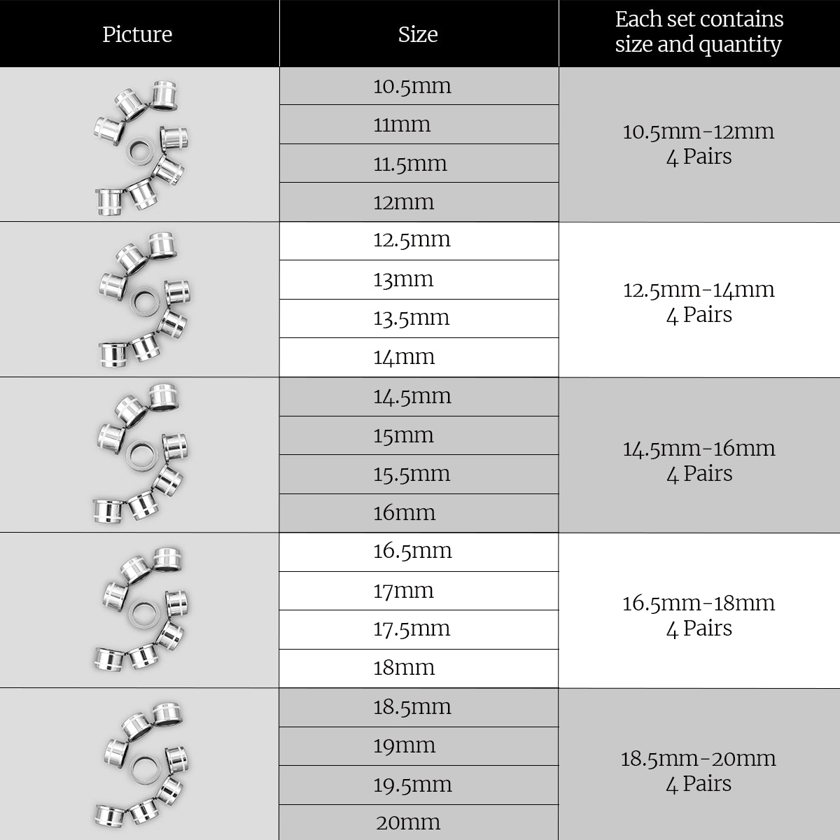 Size chart showing silver-tone stretching plugs grouped from 10.5mm to 20mm with pairs per set