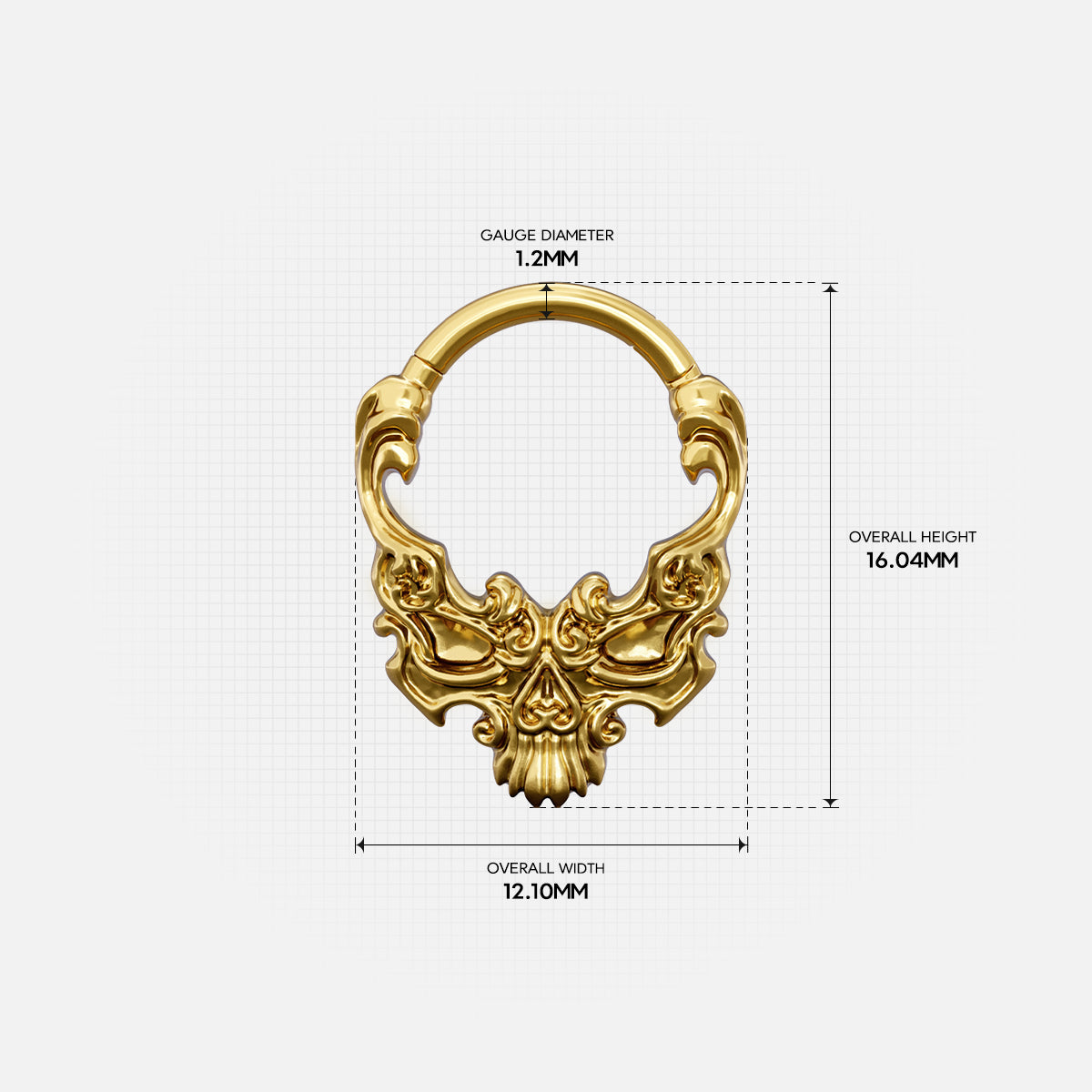 Size guide for the gold-tone Baroque Skull Clicker showing the inner diameter and overall dimensions.