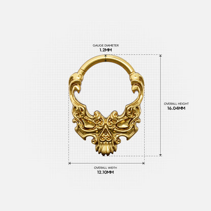 Size guide for the gold-tone Baroque Skull Clicker showing the inner diameter and overall dimensions.