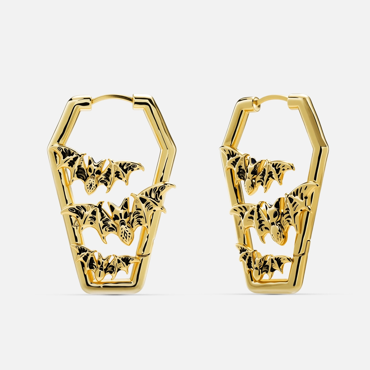Pair of gold Bat Tomb coffin hoop earrings with rows of bat cutouts