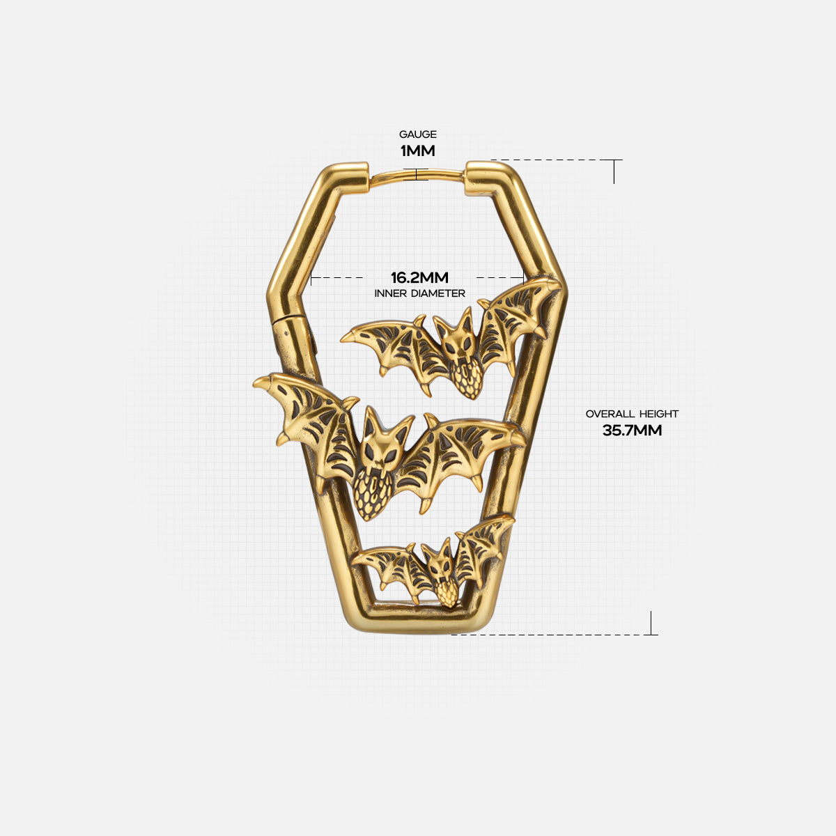 Gold Bat Tomb coffin hoop earring with bat cutouts and measurement details