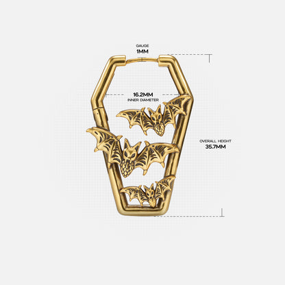 Gold Bat Tomb coffin hoop earring with bat cutouts and measurement details