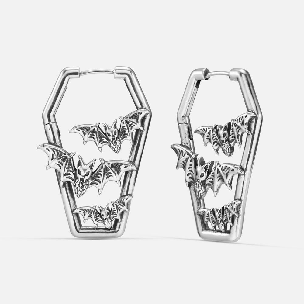 Pair of silver-tone coffin-shaped hoop earrings with three stacked bat charms on each