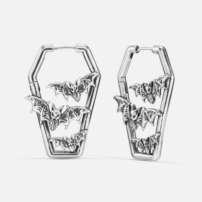 Pair of silver-tone coffin-shaped hoop earrings with three stacked bat charms on each