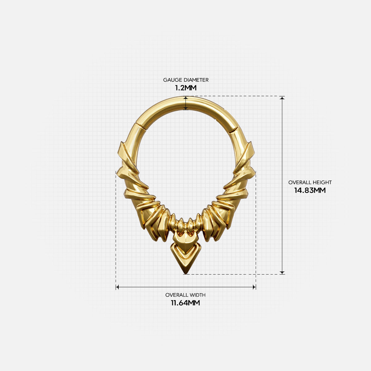 Size guide for the gold-tone Bat Wing Clicker showing the inner diameter and overall dimensions.