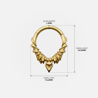 Size guide for the gold-tone Bat Wing Clicker showing the inner diameter and overall dimensions.