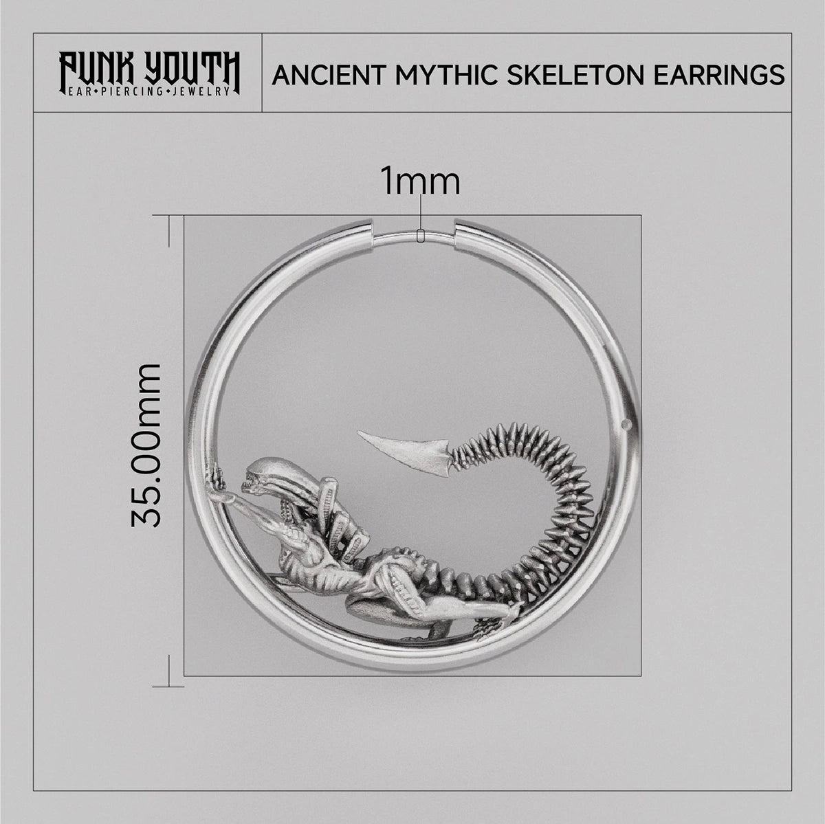Silver Biomechanical Alien hoop earring with skeletal creature motif and dimensions